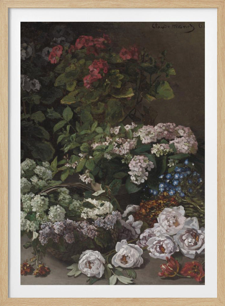 A classic vertical still life painting by Claude Monet from 1864. It showcases a rich and abundant arrangement of various flowers against a dark, muted background. Prominently featured are pink geraniums, clusters of white and pink hydrangeas, lilacs in a basket, and a scattering of white peonies and red tulips in the foreground. Poster