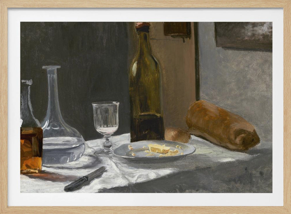 A classic still life oil painting depicting a simple meal on a white tablecloth, featuring a bottle of wine, a water decanter, a glass, a plate with cheese, a loaf of bread, and a knife, all set against a dark, moody background and framed in silver. Wall Art