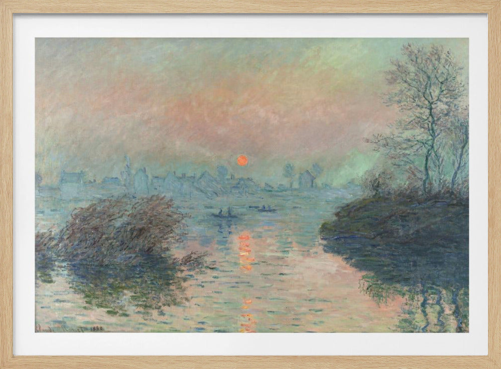 A framed Impressionist painting of a sunrise over a hazy harbor. The orange sun is reflected in the blue-gray water, where small boats float. In the background, the faint outlines of a city are visible through the mist. Poster