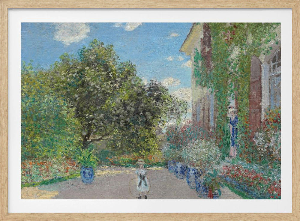 An Impressionist painting of a lush garden on a sunny day. A young girl with a hoop stands on a path lined with blue pots, leading to a vine-covered house where a woman stands in a doorway. Lush green trees and vibrant flowers fill the scene under a blue sky. Decor