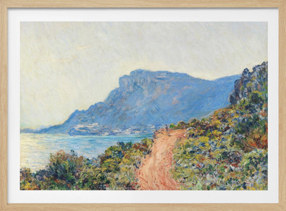 An impressionist painting of a winding terracotta path along a vibrant, green and yellow cliffside, overlooking a calm blue sea. In the background, a large, hazy blue mountain looms over a coastal town under a pale sky. Decor