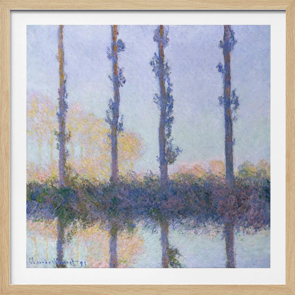 An Impressionist painting by Claude Monet from his 'Poplars' series, featuring a row of four tall, slender trees and their reflections in the water. The artwork uses a soft color palette of blues, purples, and pale yellows to create a hazy, serene atmosphere, and is presented in a light wood frame. Decor