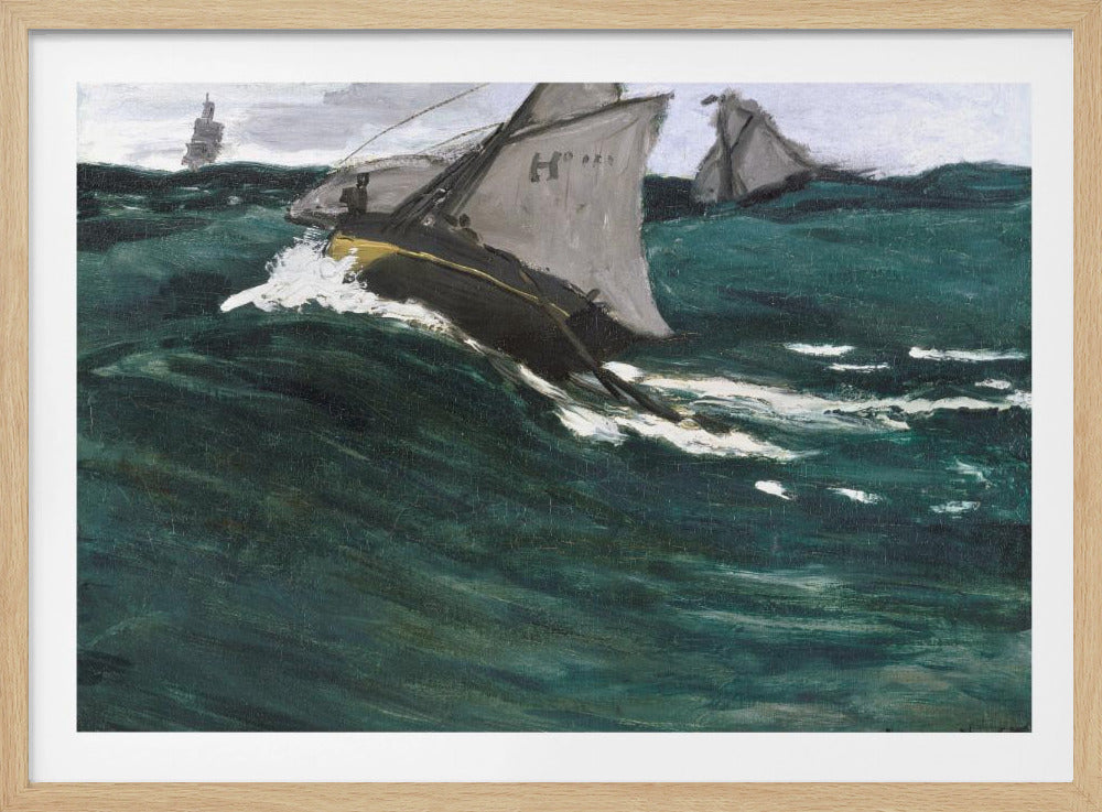 An impressionist painting depicting sailboats navigating a rough, dark green sea under a cloudy sky. The central boat is shown cutting through a large wave, creating white spray, giving the scene a dynamic and dramatic feel. The artwork is housed in a silver frame. Poster