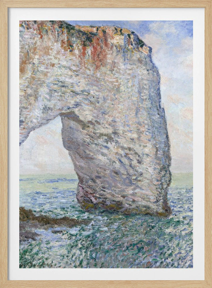 An Impressionist painting depicting a massive white chalk cliff with a natural arch, standing in a turbulent sea of green and blue water. The visible, textured brushstrokes capture the play of light on the rock and water under a bright, cloudy sky. Decor
