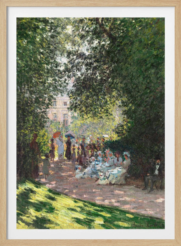An Impressionist painting of a group of people having a luncheon in a park on a sunny day. Sunlight filters through the dense green leaves of overhead trees, creating a dappled light effect on the figures and the ground. In the background, more people stroll along a path, and a building is visible through the trees. Wall Art