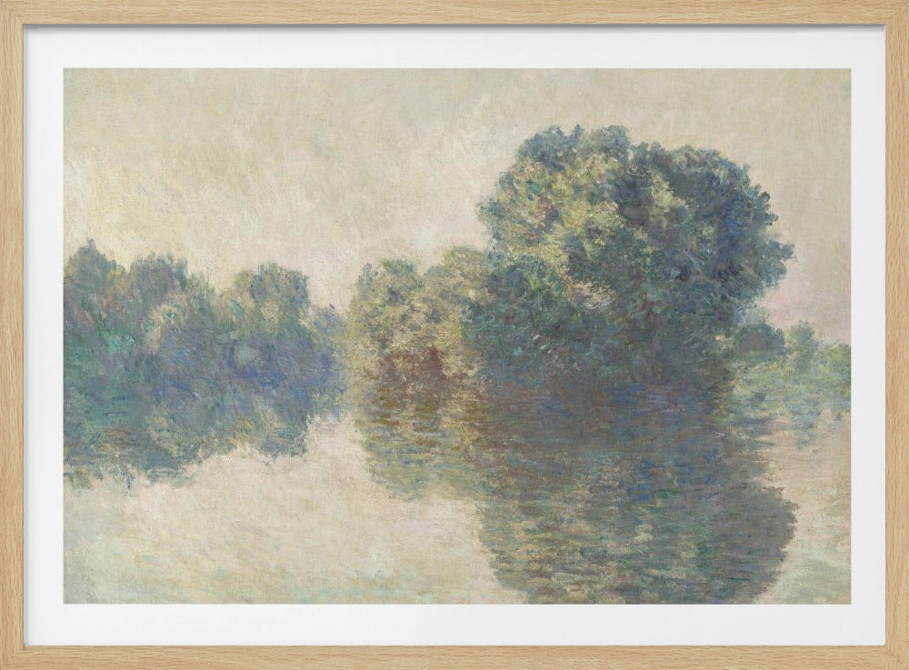 An Impressionist landscape painting of lush green trees reflecting on the calm, hazy water of a river. The soft, muted colors and gentle brushstrokes create a serene and peaceful scene, framed in silver. Artwork