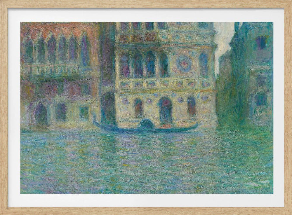 An impressionist painting depicting ornate Venetian palaces along a canal. The buildings are rendered in soft yellows, oranges, and purples, while the water is a textured expanse of blues and greens. A solitary gondola floats in the water. The artwork is presented in a simple silver frame. Poster