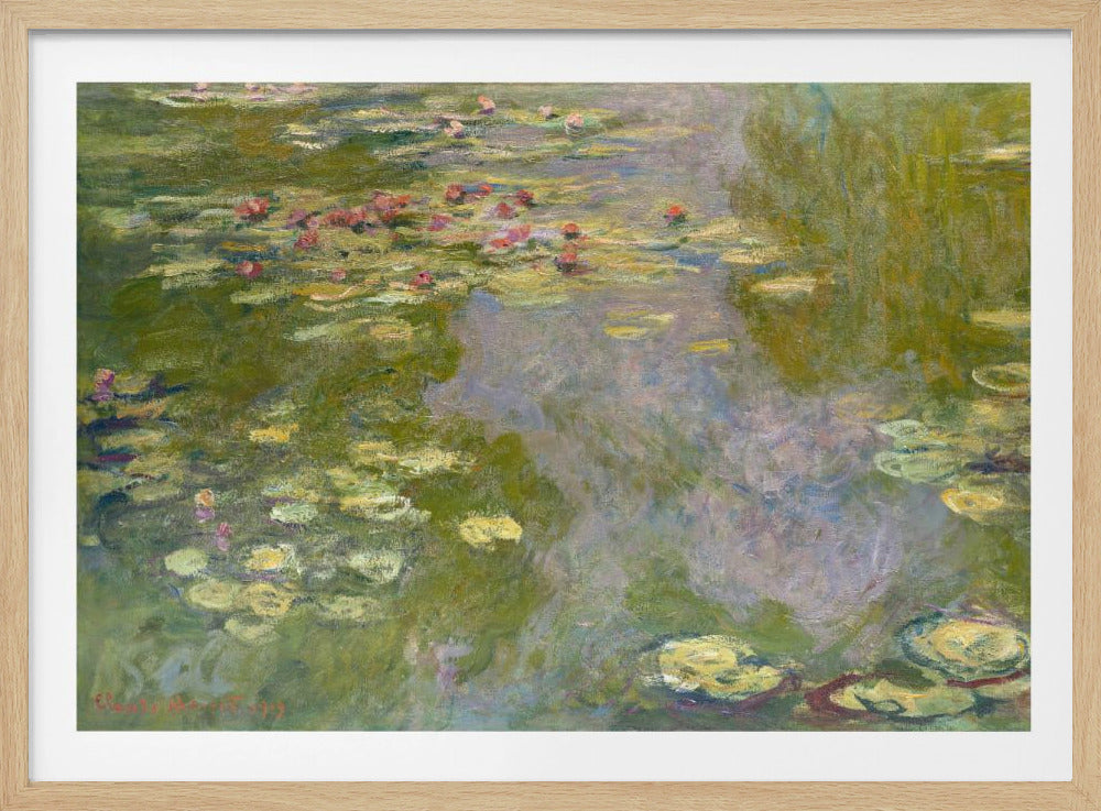 An impressionist painting of a water lily pond by Monet, featuring pink and red water lilies floating amongst green pads on the water's surface, which reflects the surrounding greenery and sky in shades of green, blue, and violet. The painting is displayed in a modern silver frame. Wall Art