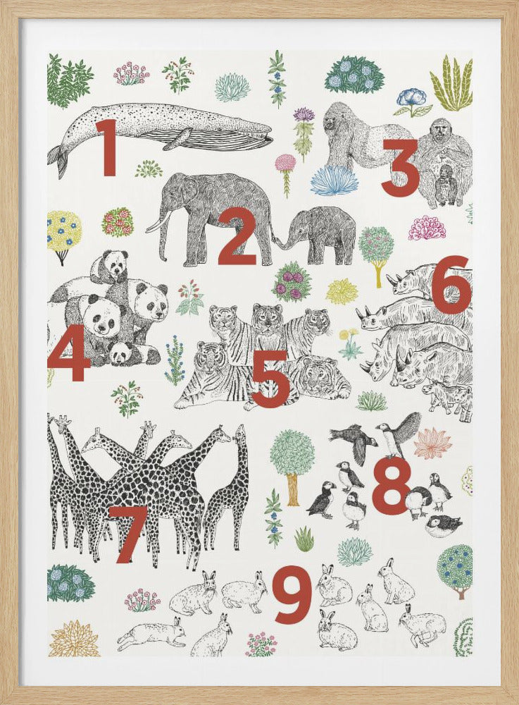 An educational art print in a black frame, featuring numbered groups of animals from one to nine. The illustrations are black and white drawings, with large red numbers indicating the count for each group: 1 whale, 2 elephants, 3 gorillas, 4 pandas, 5 tigers, 6 rhinos, 7 giraffes, 8 puffins, and 9 rabbits, interspersed with colorful plants on a cream background. Print