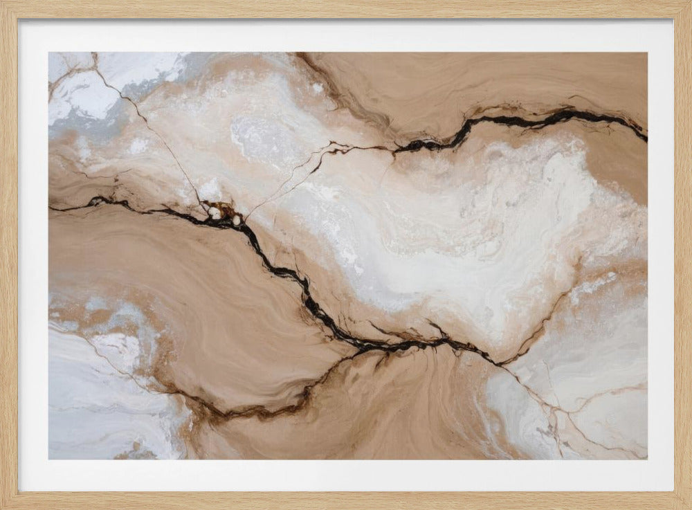 A framed abstract painting with a fluid, marbled effect in shades of beige, brown, and white. A prominent, dark, crack-like line meanders diagonally across the composition, resembling a vein in natural stone. Decor