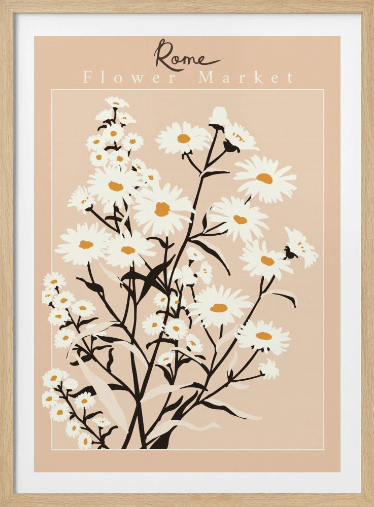 A vintage-style art print titled 'Rome Flower Market' featuring a minimalist illustration of white daisies with yellow centers and black stems against a muted pink background. The artwork is enclosed in a thin white border and set within a black frame. Wall Art
