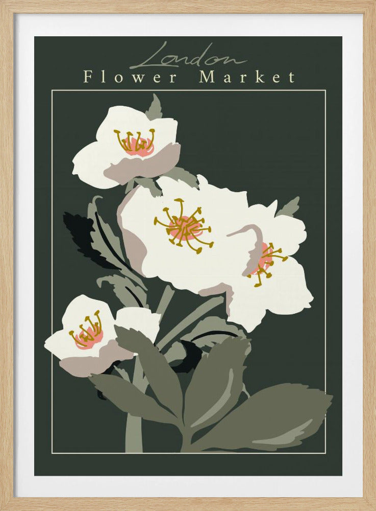 A vintage-style art print of the 'London Flower Market', featuring stylized white hellebore flowers with pink and gold centers on green stems, set against a dark, moody green background. The image is framed with a thin white line and a larger black border. Artwork