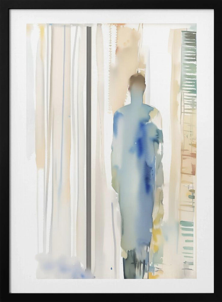 An abstract watercolor painting in a black frame, featuring a lone, blurred figure in shades of blue standing in a brightly lit room suggested by vertical strokes of beige, white, and grey. Poster