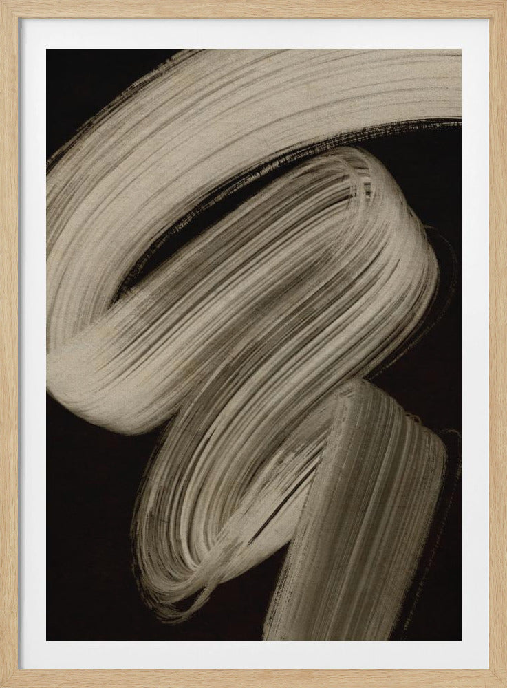 A vertical abstract painting featuring a single, bold, textured brushstroke in a light beige color, swirling dynamically against a solid black background. The artwork is enclosed in a simple black frame. Decor