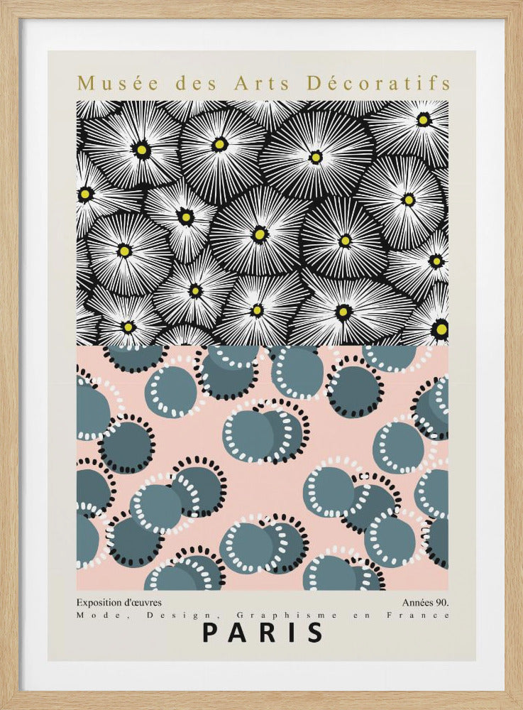 An exhibition poster for the Musée des Arts Décoratifs in Paris. The design is split into two horizontal sections. The top features a pattern of white, spiky, starburst-like flowers with yellow centers on a black background. The bottom section shows a pattern of blue-gray circles with white and black dotted halos on a light pink background. The poster is framed in black. Decor