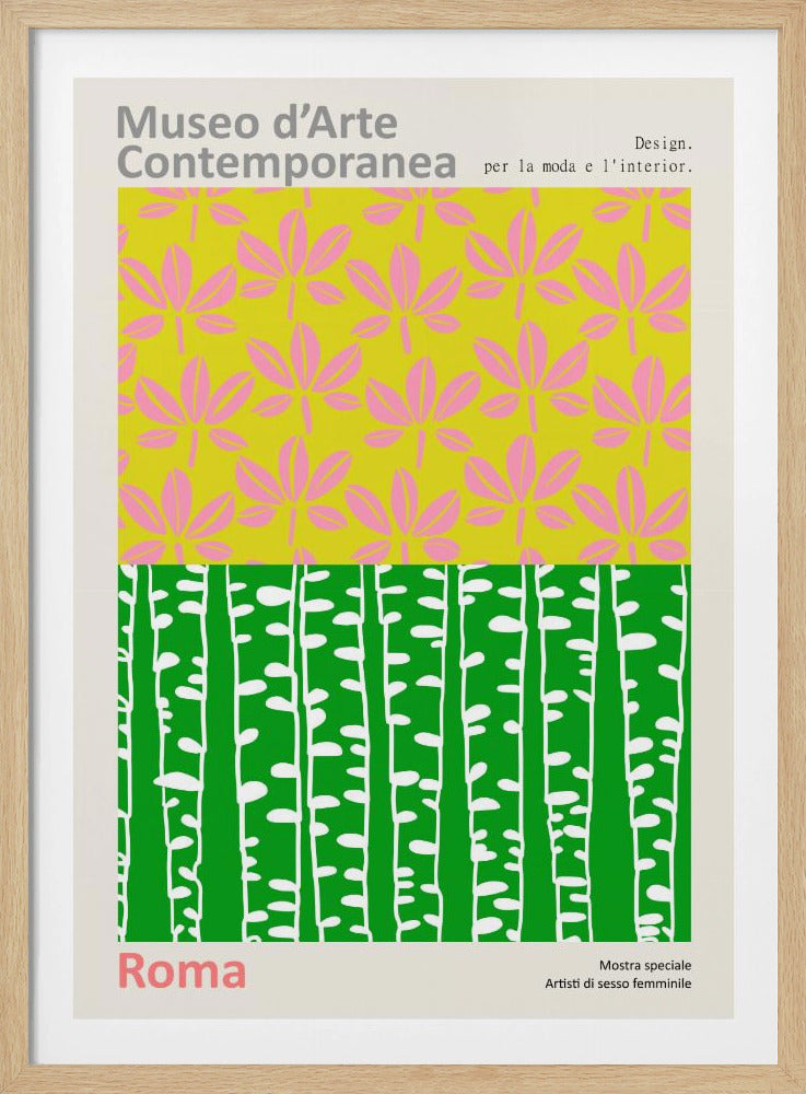 A vintage-style exhibition poster for the 'Museo d'Arte Contemporanea' in Rome. The design is split into two colorful graphic panels: the top features pink leaves on a lime green background, and the bottom shows stylized white birch trunks against a vibrant green background. The poster is set within a light border with Italian text. Artwork