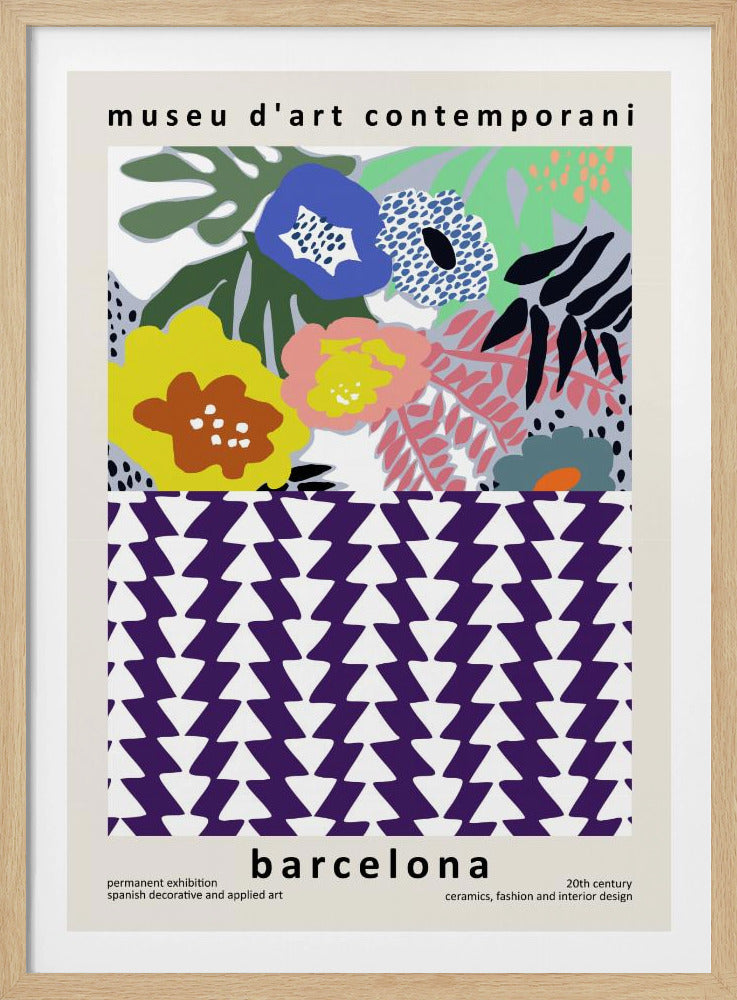 A contemporary art museum poster for Barcelona, featuring a split design. The top half shows a colorful abstract floral pattern with blue, yellow, pink, and green flowers. The bottom half displays a striking geometric pattern of purple and white interlocking triangles. The poster is framed in black. Print