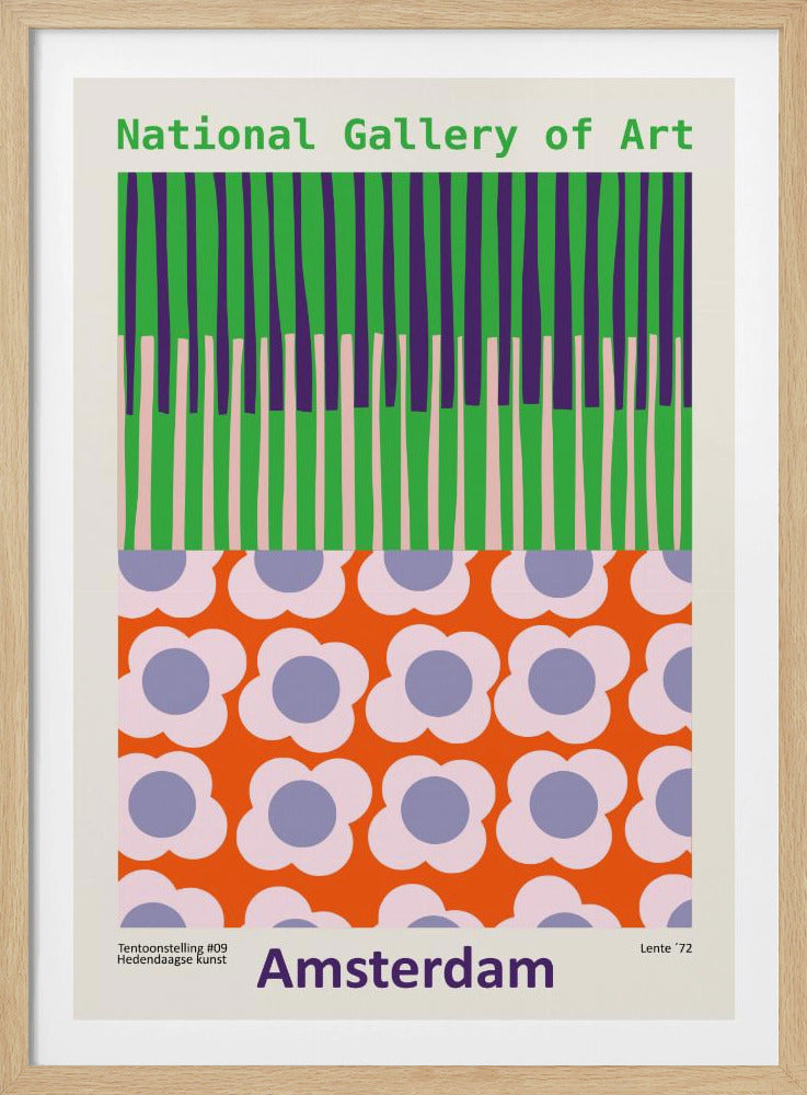 A retro-style framed poster for a 'National Gallery of Art' exhibition in 'Amsterdam'. The artwork is divided into two sections: the top half has vertical stripes in green, purple, and light pink, while the bottom half features a repeating pattern of stylized flowers with pink petals and periwinkle centers on a bright orange background. Artwork