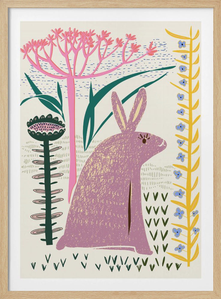 A stylized folk art illustration featuring a large, textured purple rabbit sitting in a field of colorful, whimsical plants. A tall pink flowering tree stands behind it, with other unique green and yellow flowers nearby, all set against a cream background. Artwork