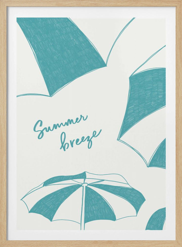 A framed art print featuring a pattern of hand-drawn teal and white beach umbrellas on an off-white background. The phrase 'Summer breeze' is written in a flowing teal script in the center. Wall Art