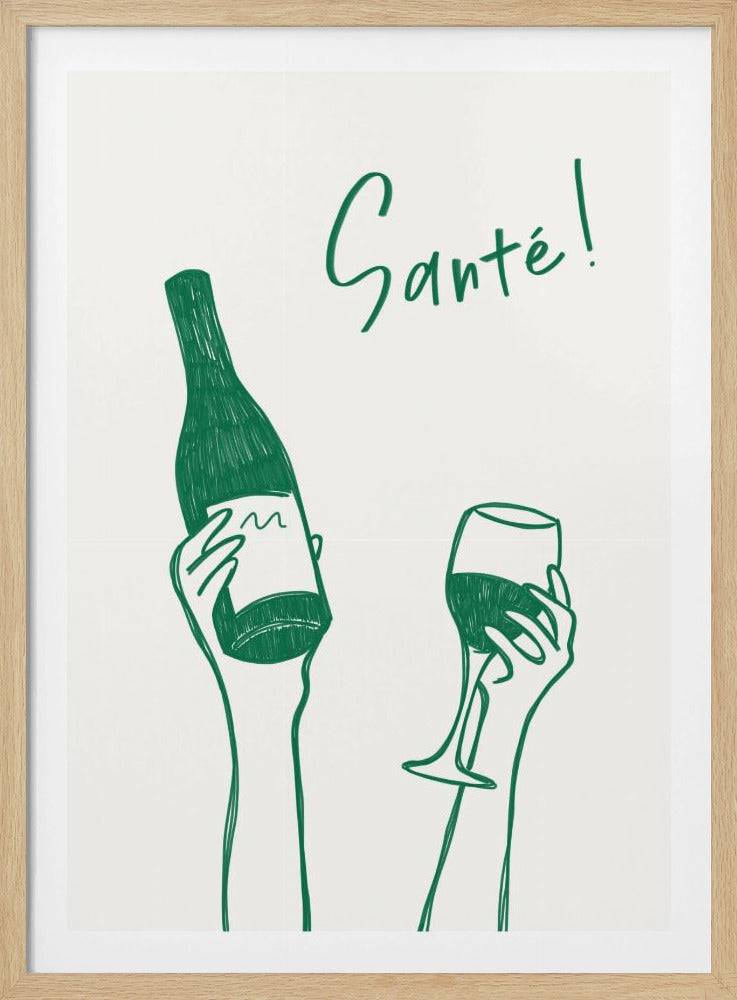 A minimalist green line drawing on a white background featuring two hands. One hand holds a bottle of wine, and the other holds a glass of wine, as if in a toast. The French word 'Santé!' is written in cursive above the hands. Decor