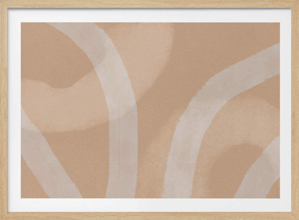 An abstract painting featuring broad, curving brushstrokes in a soft cream color against a warm beige background, all enclosed within a sleek silver frame. Wall Art