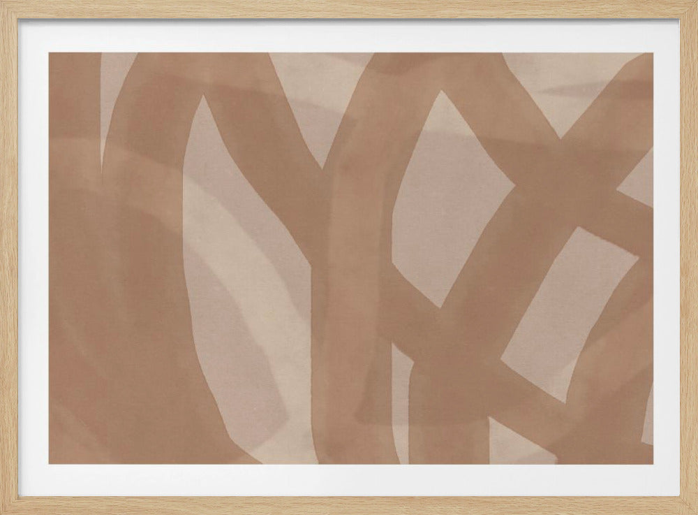 An abstract painting with broad, overlapping brushstrokes in a warm tan color on a light beige background, housed in a simple silver frame. Decor