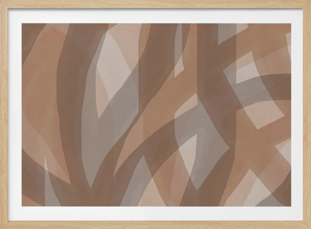 An abstract painting in a silver frame featuring overlapping, semi-transparent layers of broad, curving strokes in shades of brown, beige, and taupe, creating a sense of depth and movement. Wall Art