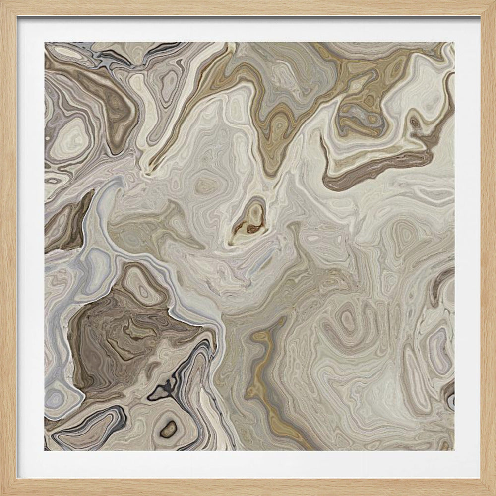 A square abstract art piece in a light wood frame. The artwork features a fluid, marbled pattern with swirling lines in shades of brown, beige, taupe, and gray, resembling a close-up view of natural stone or agate. Decor