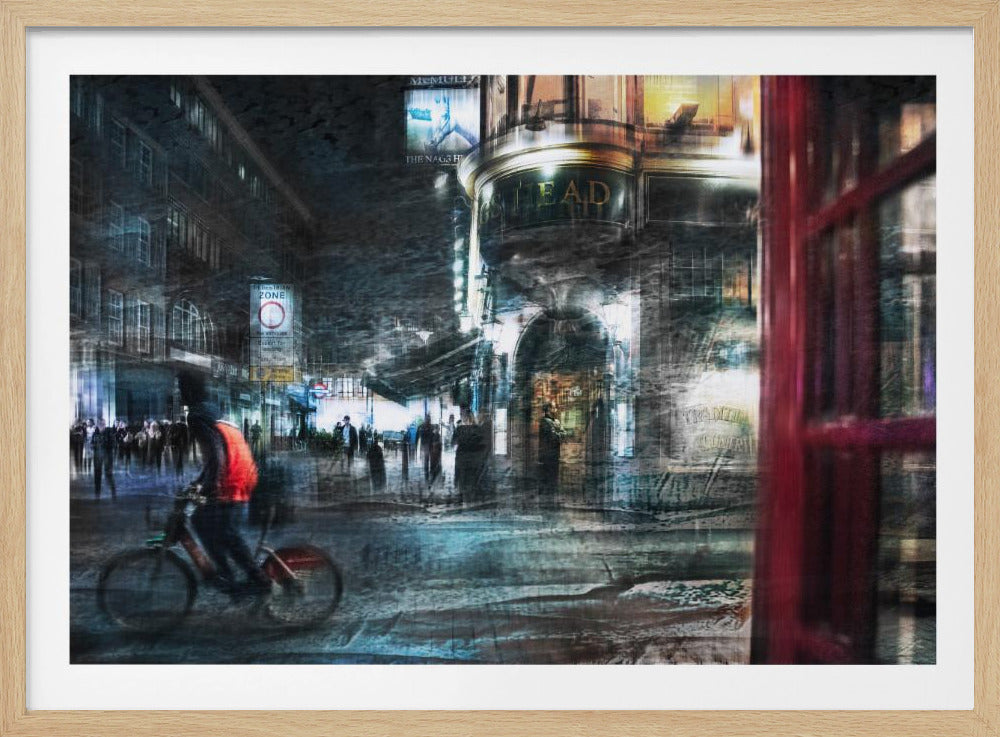 An abstract, moody digital artwork of a bustling London street at night. The scene has a layered, textured look with motion blur, featuring a cyclist in a red vest, the illuminated sign for 'The Nag's Head' pub, and a classic red telephone booth in the foreground, all within a silver frame. Wall Art