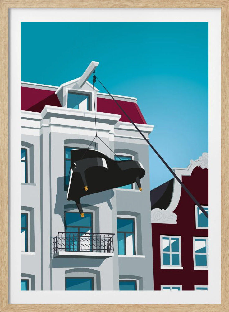 A graphic illustration of a black grand piano being hoisted up the side of a gray Amsterdam-style building with a red roof, using a pulley system attached to the gable. The scene is set against a clear, bright blue sky. Artwork