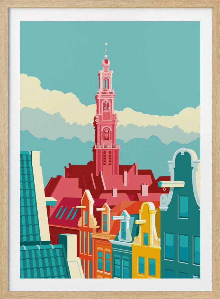 A graphic illustration of an Amsterdam city scene, featuring colorful canal houses in the foreground and the prominent pink tower of the Westerkerk church against a light blue sky with stylized clouds. Decor