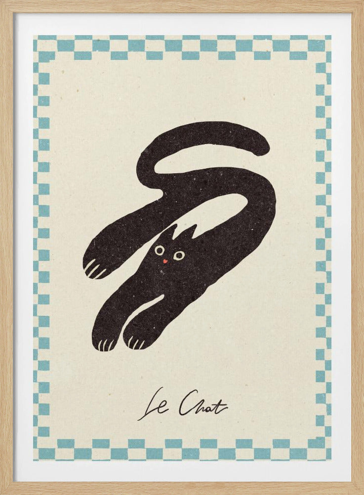A vintage-style art print of a stylized black cat with an elongated, curving body. The cat has wide eyes and is set against a cream background with a blue and cream checkered border. Below the cat, the words 'Le Chat' are written in cursive script. The artwork is presented in a simple black frame. Print