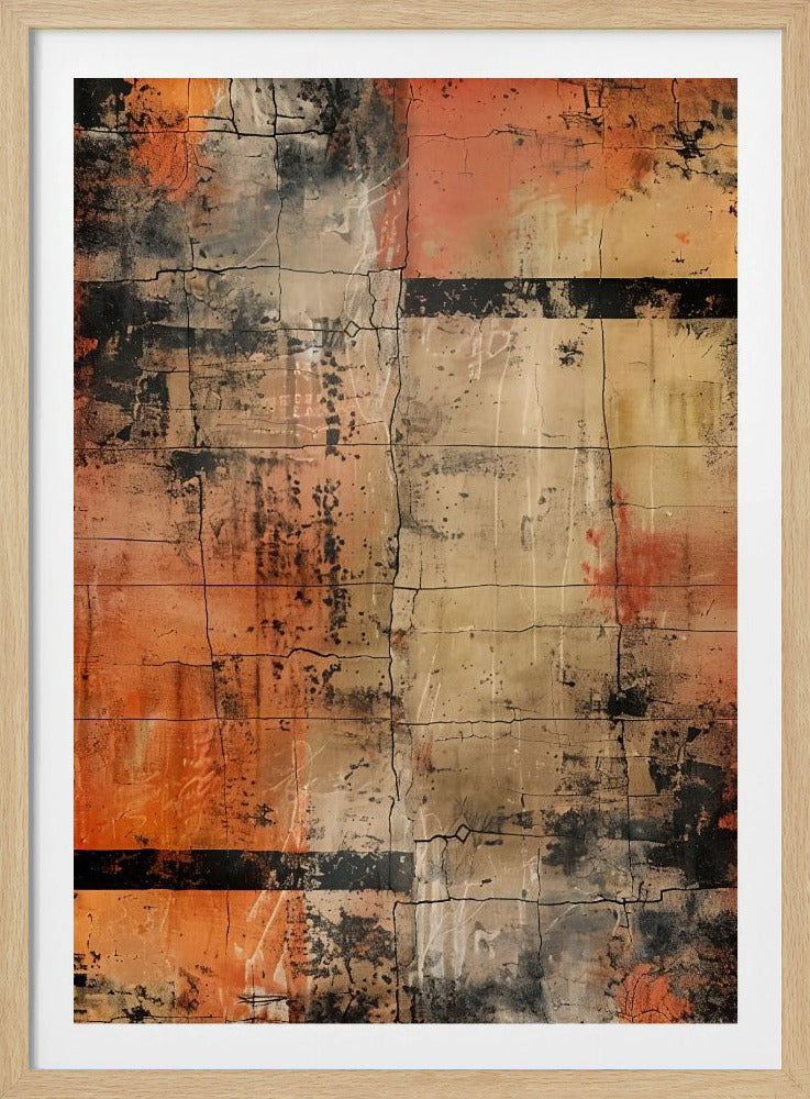 An abstract painting with a heavily textured and cracked surface, dominated by shades of orange, beige, and black. The composition resembles weathered blocks or tiles, with bold black horizontal bands and splatters of black and white paint, all within a thin black frame. Artwork
