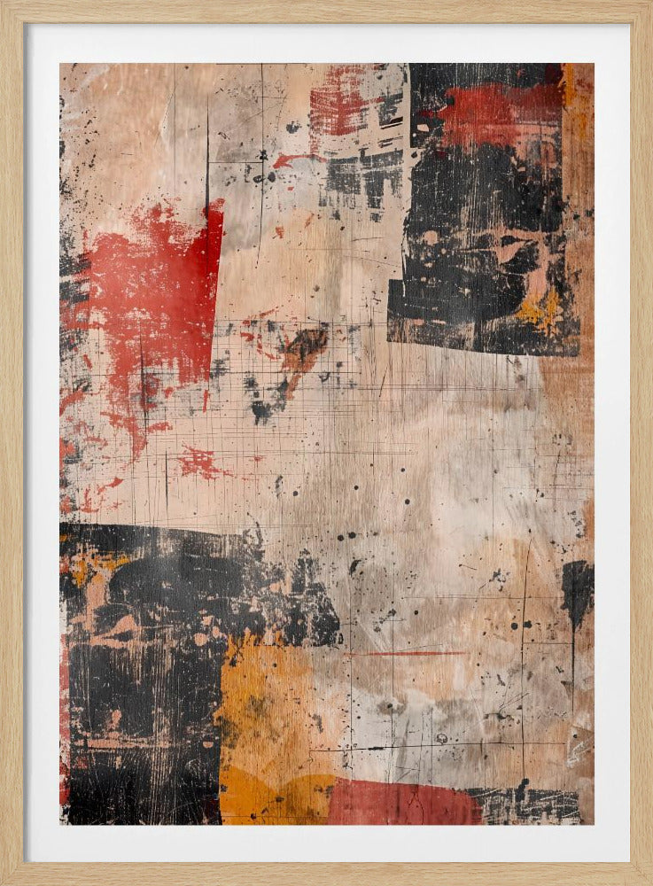 A vertical abstract artwork in a black frame, featuring a layered, distressed composition. Bold patches of bright red and rough black paint are applied over a background of beige and wood tones. The piece is detailed with thin black lines, scratches, and paint splatters, giving it a raw, industrial, and energetic feel. Artwork