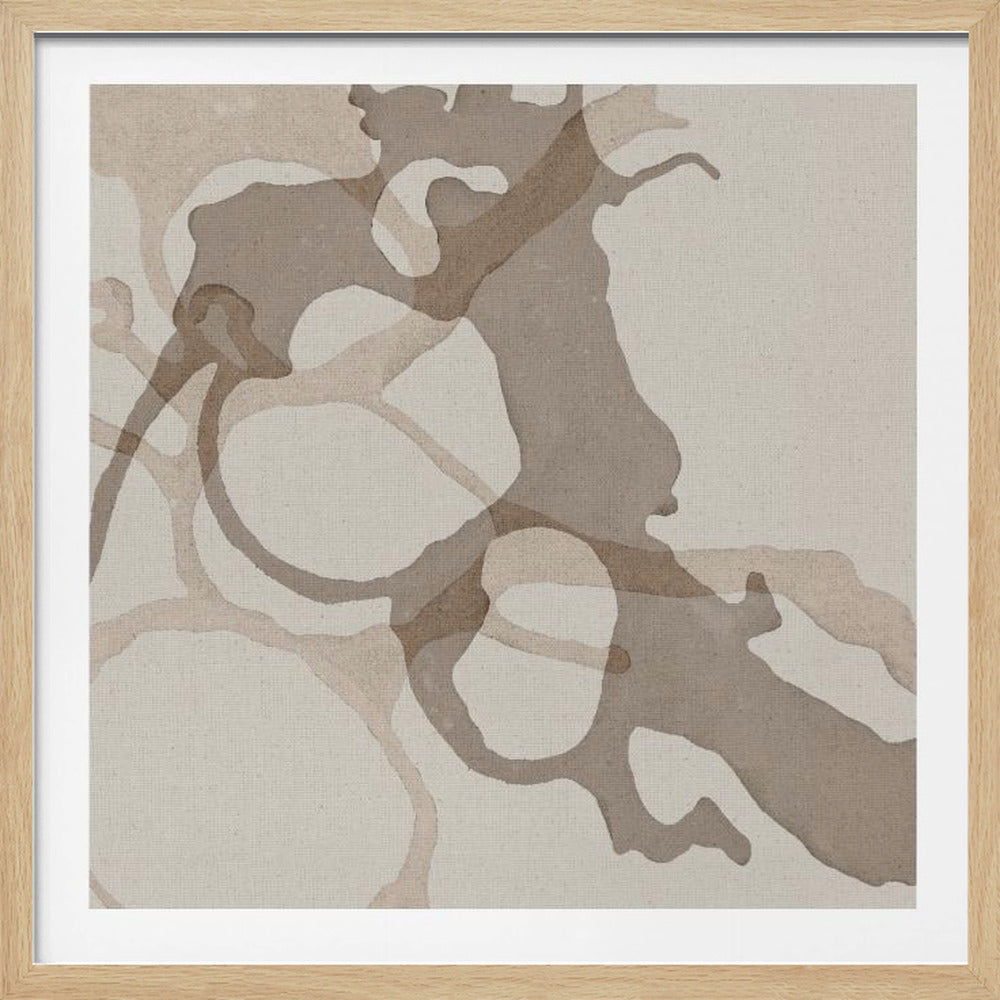 A framed abstract painting with overlapping organic shapes in shades of brown and beige on a textured, off-white canvas. The artwork is housed in a simple, light wood frame. Wall Art