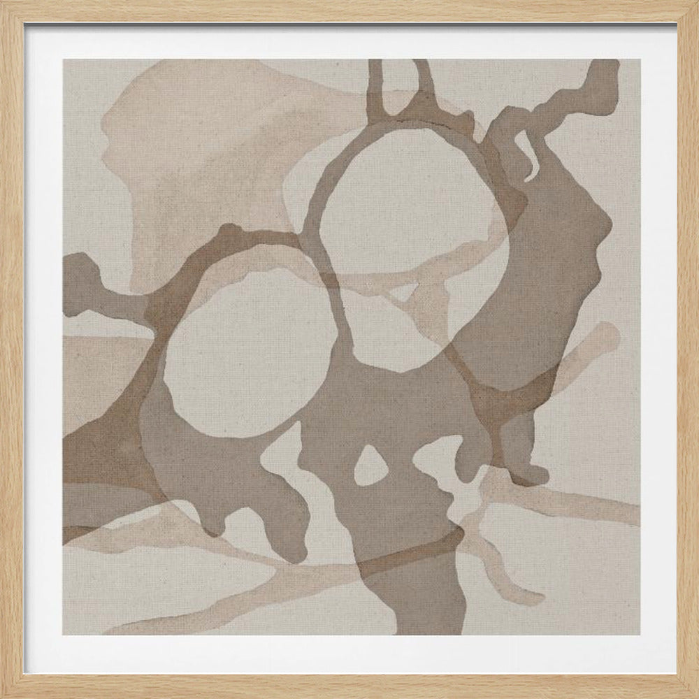 A framed abstract artwork featuring overlapping organic, fluid shapes in various shades of muted brown and beige on a light, textured canvas background. The light wood frame encloses the square composition. Decor