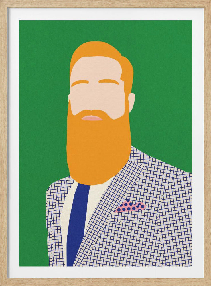 A minimalist, graphic illustration of a man with a large orange beard and hair against a solid green background. He is wearing a blue and white grid-patterned suit jacket, a white collared shirt, a dark blue tie, and a pink polka-dotted pocket square. His facial features are simplified to just eyebrows and a mouth. Decor