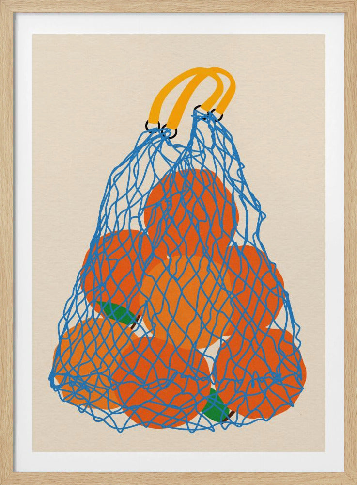 A minimalist illustration of a blue mesh string bag with yellow handles, filled with large, bright orange oranges against a light beige background. Wall Art
