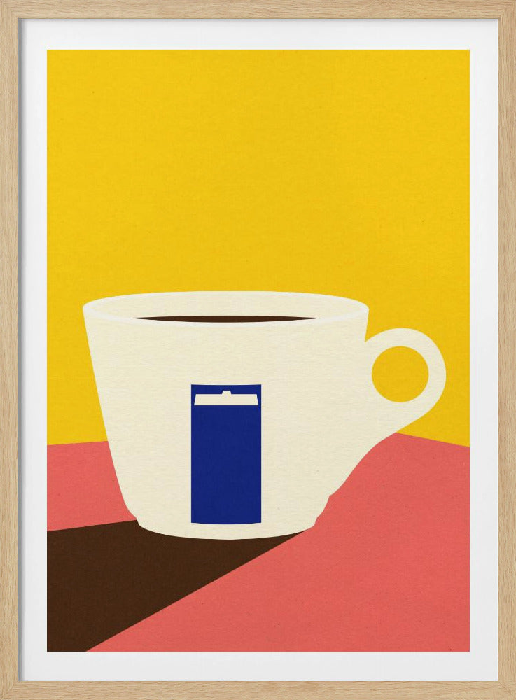 A minimalist pop art illustration of a white coffee cup with a blue TARDIS from Doctor Who on its side, set against a bright yellow background and a pink tabletop. Decor