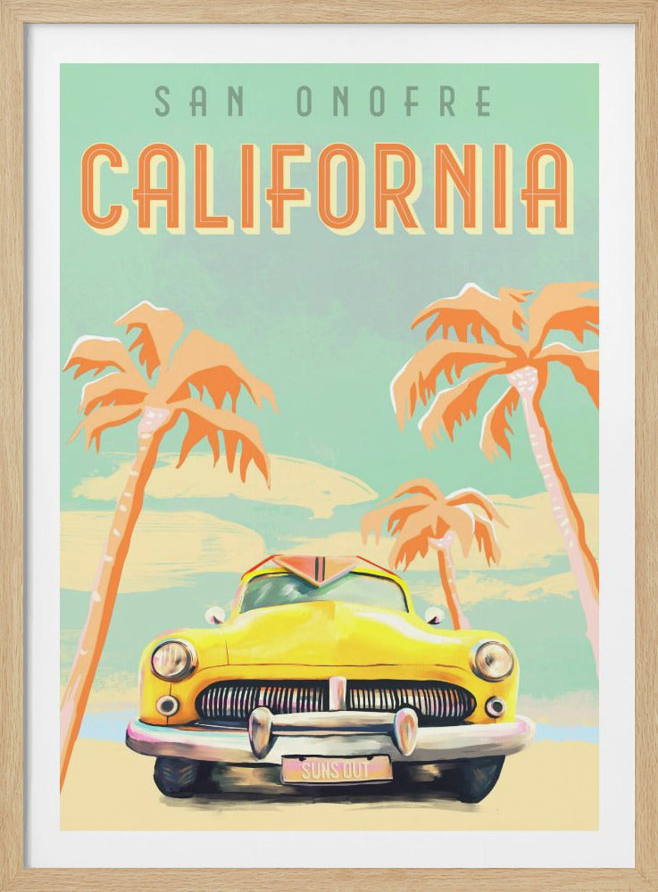 A vintage-style travel poster for San Onofre, California, featuring a bright yellow classic car with a surfboard on top, parked between two orange palm trees on a beach under a mint green sky. Print