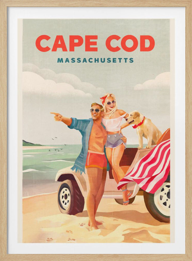 A vintage-style travel poster for Cape Cod, Massachusetts. A smiling couple and their golden retriever are on the beach next to their white off-road vehicle. The man points towards the ocean, while an American flag towel hangs over the car's spare tire. Artwork