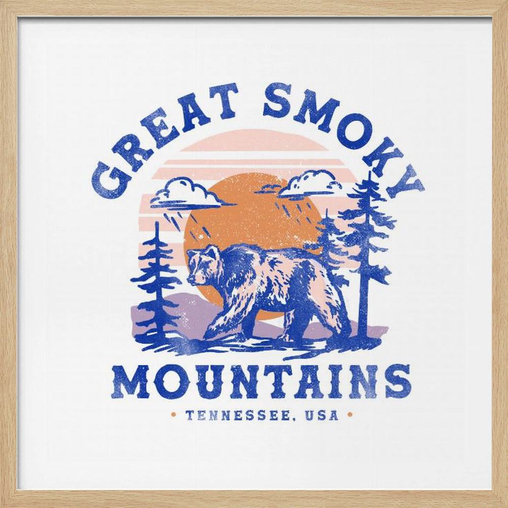 A vintage-style travel poster for the Great Smoky Mountains in a light wood frame. The illustration features a large blue bear walking through a forest with an orange sun and purple mountains in the background. The text 'GREAT SMOKY MOUNTAINS' and 'TENNESSEE, USA' is written in a distressed blue font. Wall Art