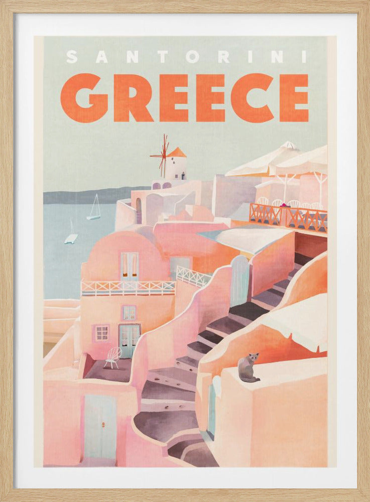 A vintage-style travel poster for Santorini, Greece. The illustration shows the iconic cliffside architecture with buildings in shades of pink and orange, winding stone steps, and a classic windmill overlooking the blue sea with sailboats. A grey cat sits on a ledge in the foreground. Print