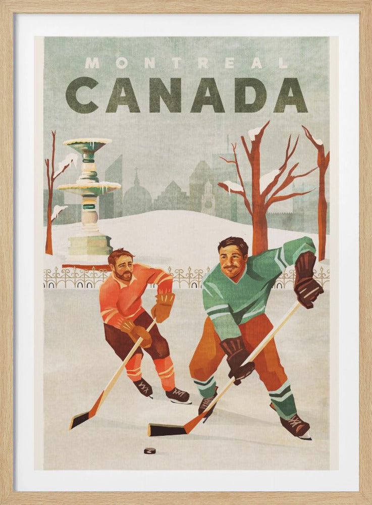 A vintage-style travel poster for Montreal, Canada, depicting two men in old-fashioned uniforms playing hockey on a frozen pond in a park. A snow-covered fountain and the Montreal city skyline are visible in the background. Decor