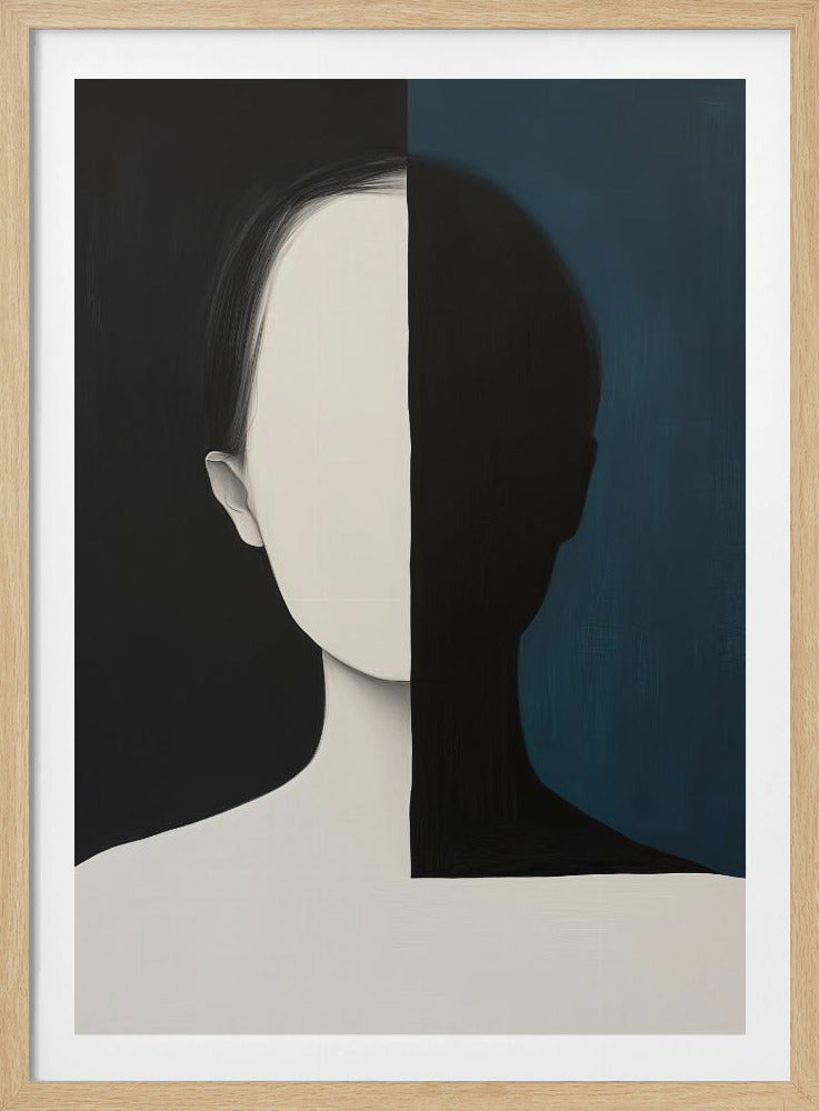 A modern art painting of a faceless person from the chest up, split vertically down the center. The left side features the figure in off-white against a solid black background, while the right side shows the figure as a black silhouette against a dark teal background, creating a strong contrast of light and shadow. Wall Art