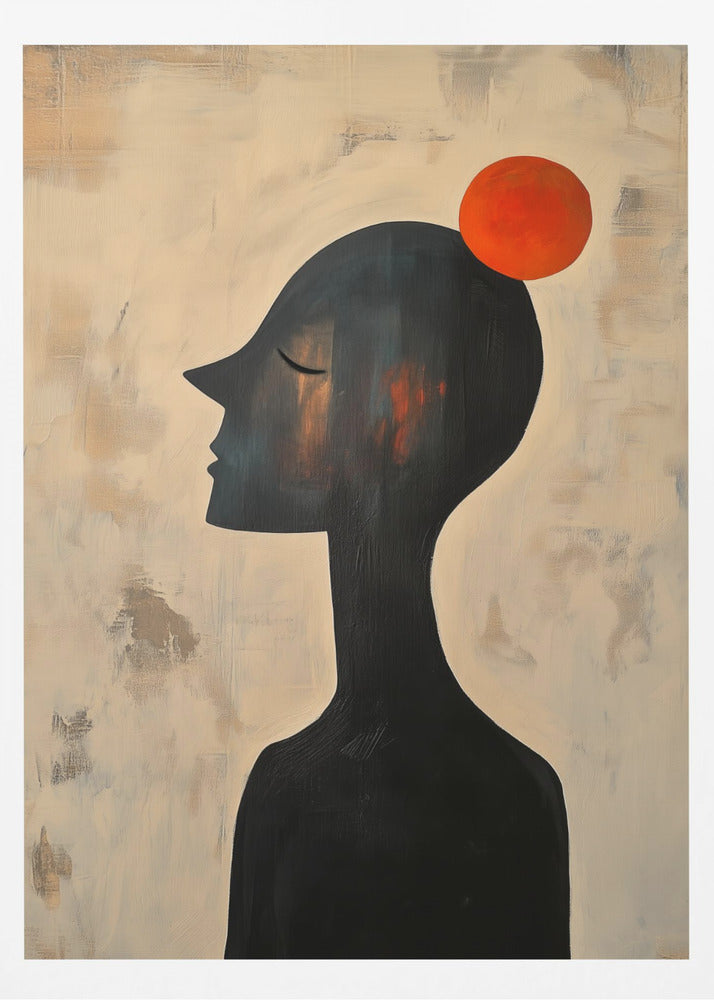 An abstract painting of a black silhouette of a person in profile, with their eyes closed. A vibrant orange-red circle is balanced on the top of their head. The background is a textured, distressed beige and off-white. The entire piece is enclosed in a simple black frame. Print