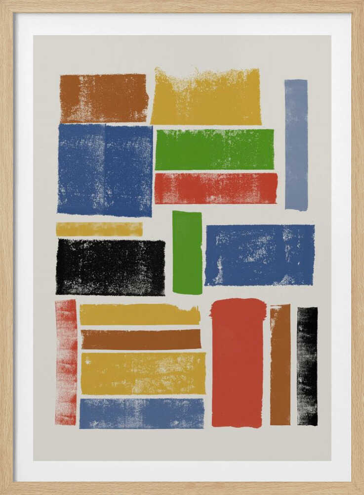 An abstract art piece featuring a collection of textured, rectangular blocks of various colors and sizes on an off-white background, all within a black frame. The colors include primary shades of blue, yellow, and red, along with green, black, and brown, arranged in a non-uniform grid. Wall Art