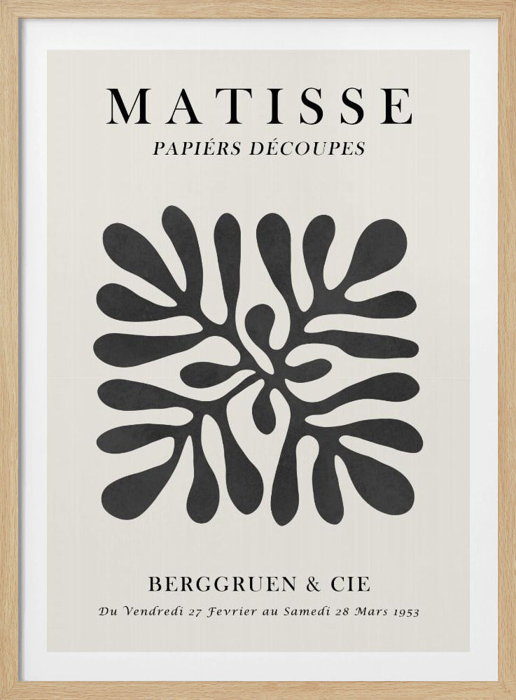 A framed black and white exhibition poster for Matisse's 'Papiers Découpés' at Berggruen & Cie in 1953. The poster features a central abstract black cutout shape resembling a sea plant on an off-white background with black serif typography. Poster