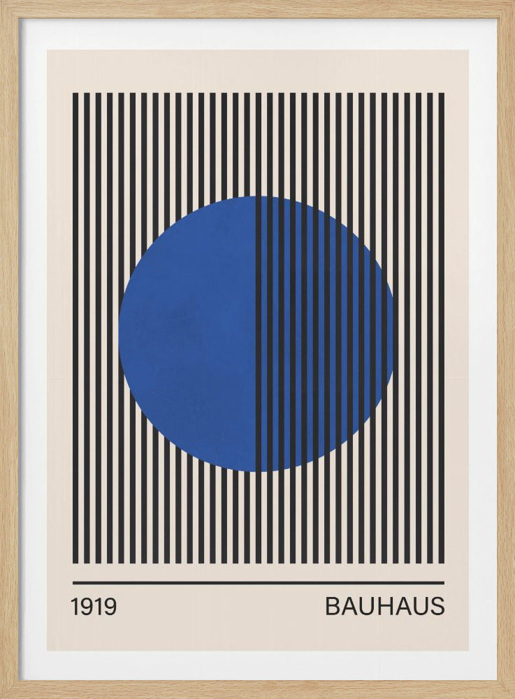 A minimalist Bauhaus-style poster featuring a large blue circle centered over a background of vertical black stripes on a cream-colored field. The words '1919' and 'BAUHAUS' are printed at the bottom. The artwork is presented in a simple black frame. Artwork